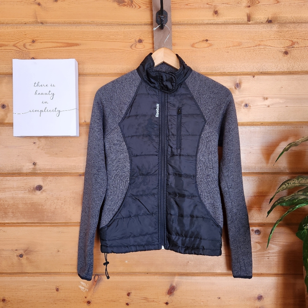 Reebok Sport Black Gray Knit Quilted Jacket‎ Athletic Mock Neck Drawstring Sz XS